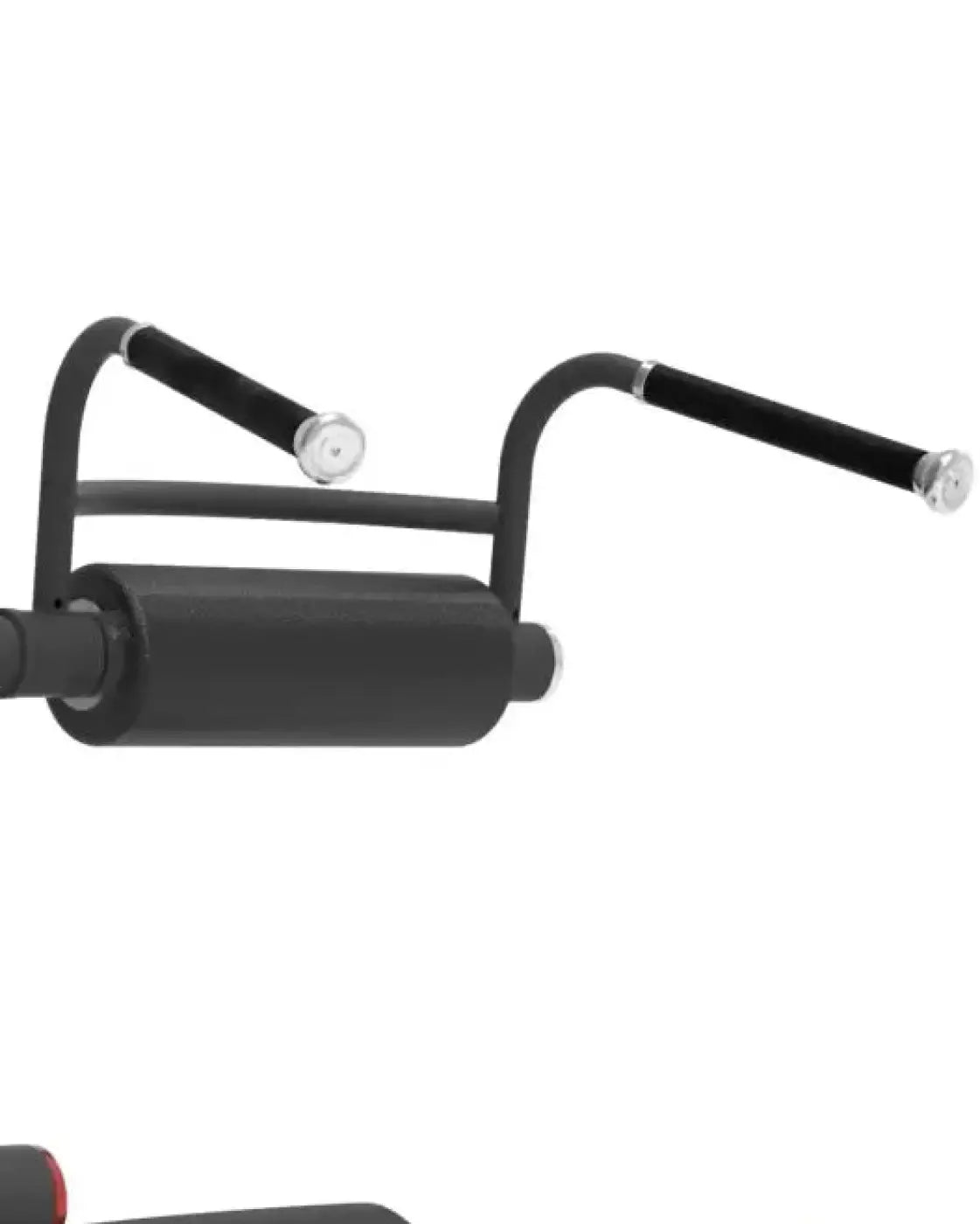 Black padded ab back roller with curved metal handles and silver end caps from Re-Life Series for home fitness use