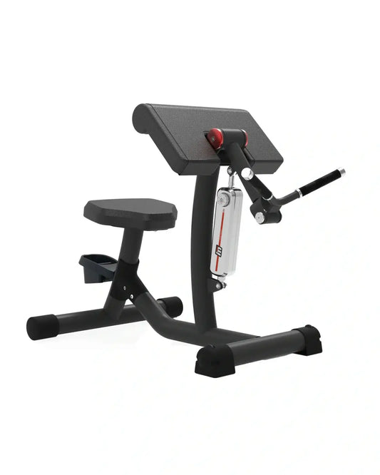Black and red adjustable dumbbell curl machine with textured seat padded backrest and chrome resistance spring for home workout