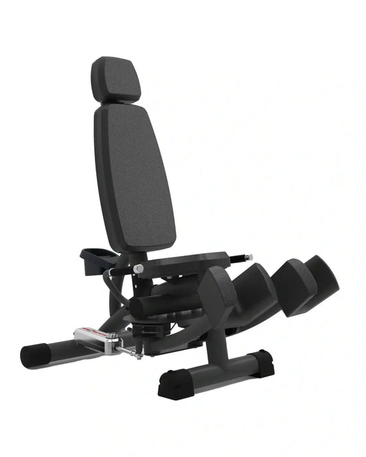 Black adjustable leg extension machine with padded seat and footrests for inner outer thigh home workout re-life series