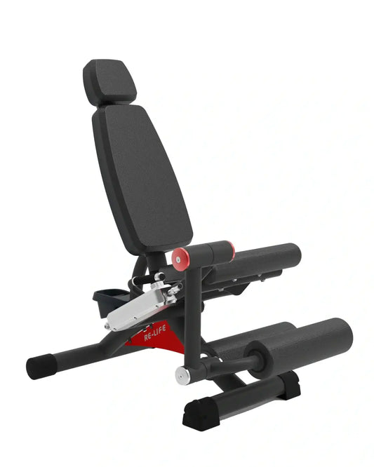 Black re-life series adjustable weight bench with red accents and padded seating for leg extension and curl workouts