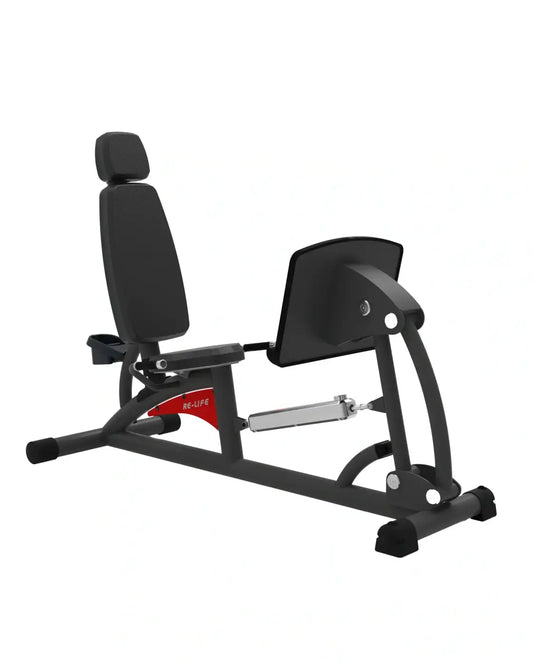 Black and red Re-Life Series leg press machine with padded seat and foot platform for UK delivery