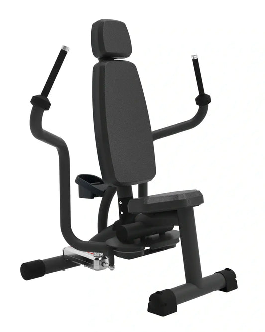 Black adjustable seated chest press machine from Re-Life Series with padded seat, curved handles, and weight stack mechanism for pec fly and rear delt