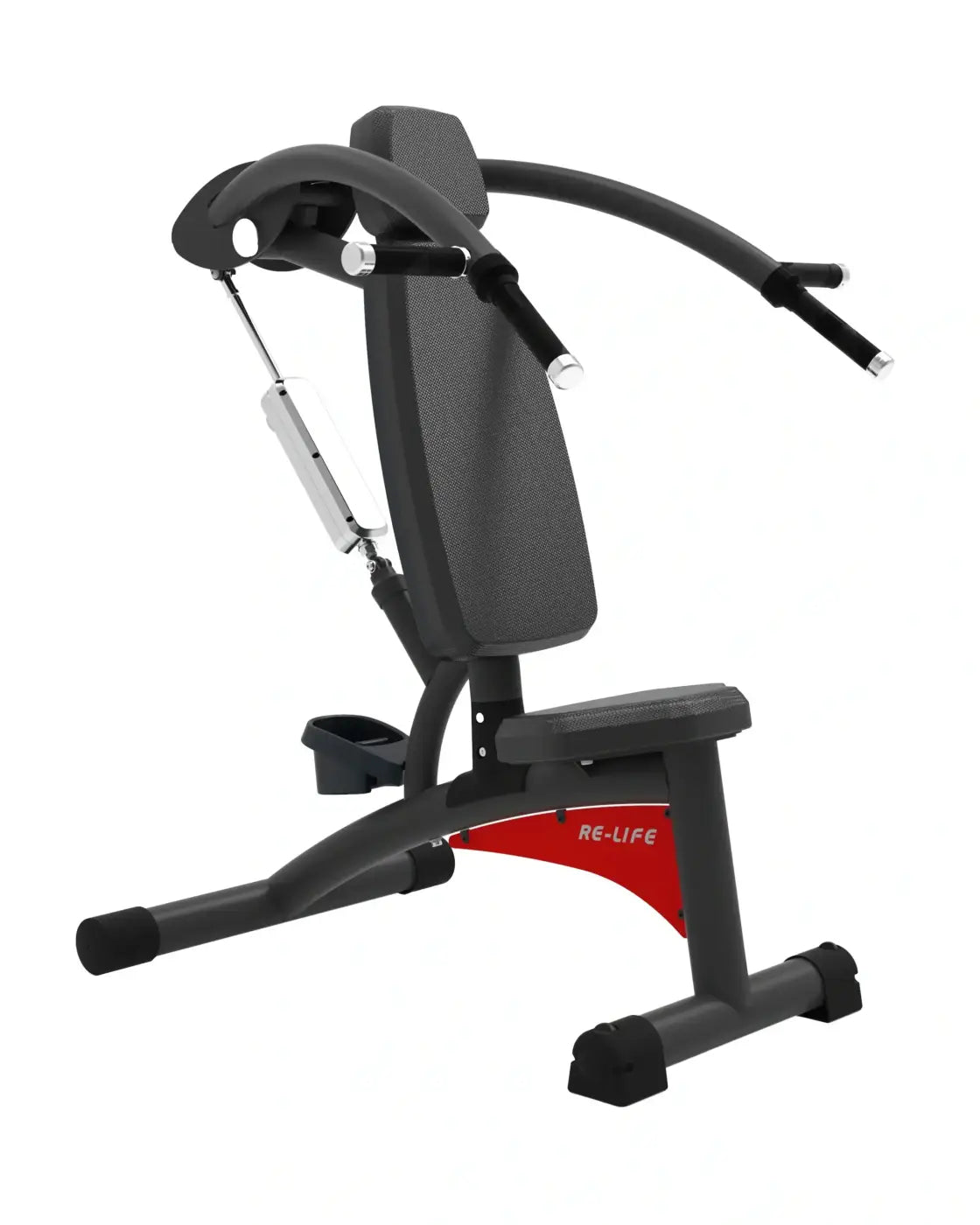 Black and red re-life series shoulder pulldown chest press machine with padded seat and adjustable spring resistance for home gyms