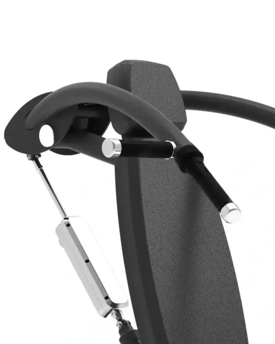 Black ergonomic exercise bench from Re-Life Series with textured fabric upholstery and chrome metal components for home gyms