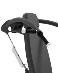 Black ergonomic exercise bench from Re-Life Series with textured fabric upholstery and chrome metal components for home gyms