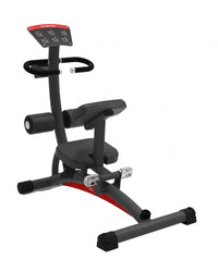 Black and red adjustable back extension machine with padded seat handlebars and instructional display for home fitness