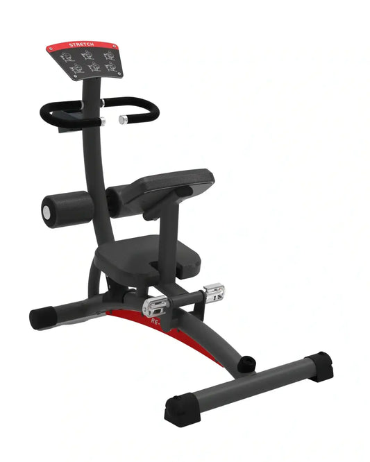 Black and red adjustable back extension machine with padded seat handlebars and instructional display for home fitness