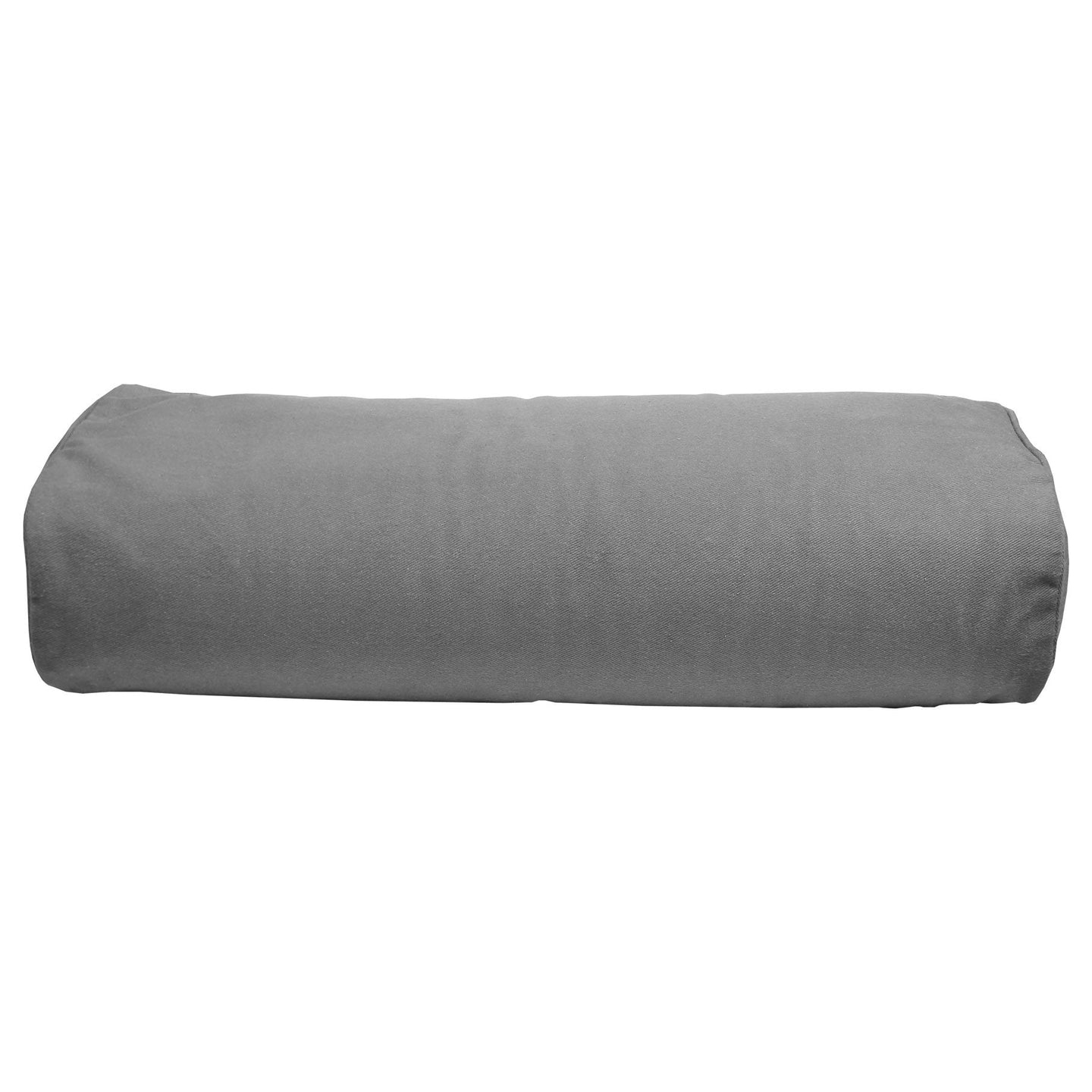 A gray cylindrical bolster pillow with a textured fabric cover, shown horizontally against a plain white background.