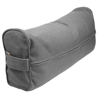 A dark gray fabric yoga bolster pillow with a side strap and a small orange and blue brand tag, shown on a solid white background.