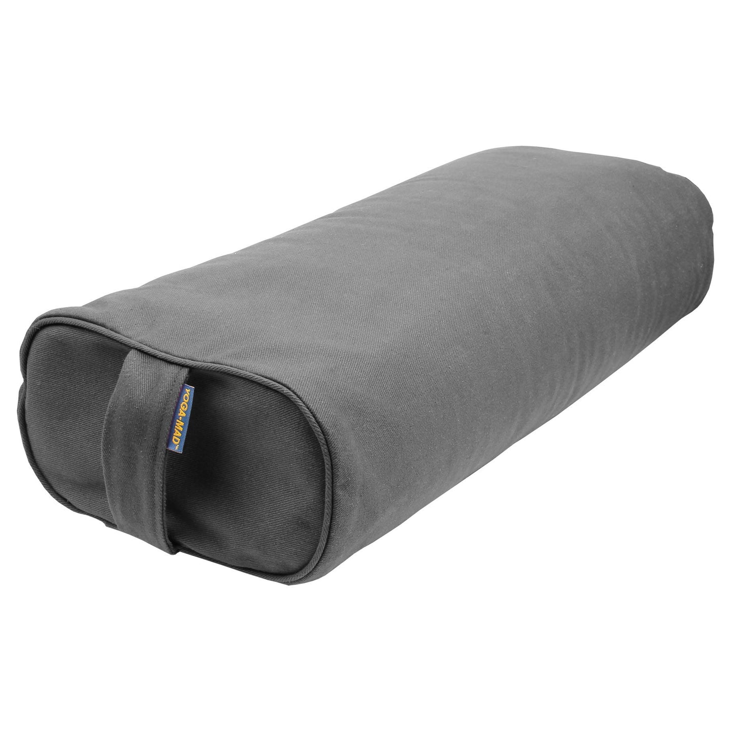 Gray cylindrical pillow with a brand label on a white background