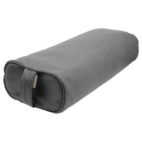 Gray cylindrical pillow with a brand label on a white background