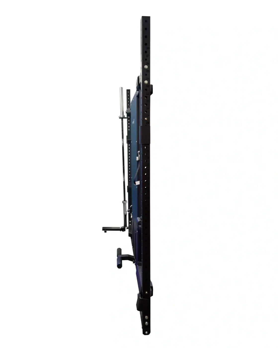 Black metal wall-mounted weight rack with adjustable barbell holders and blue padded safety pad rhino compact folding half rack