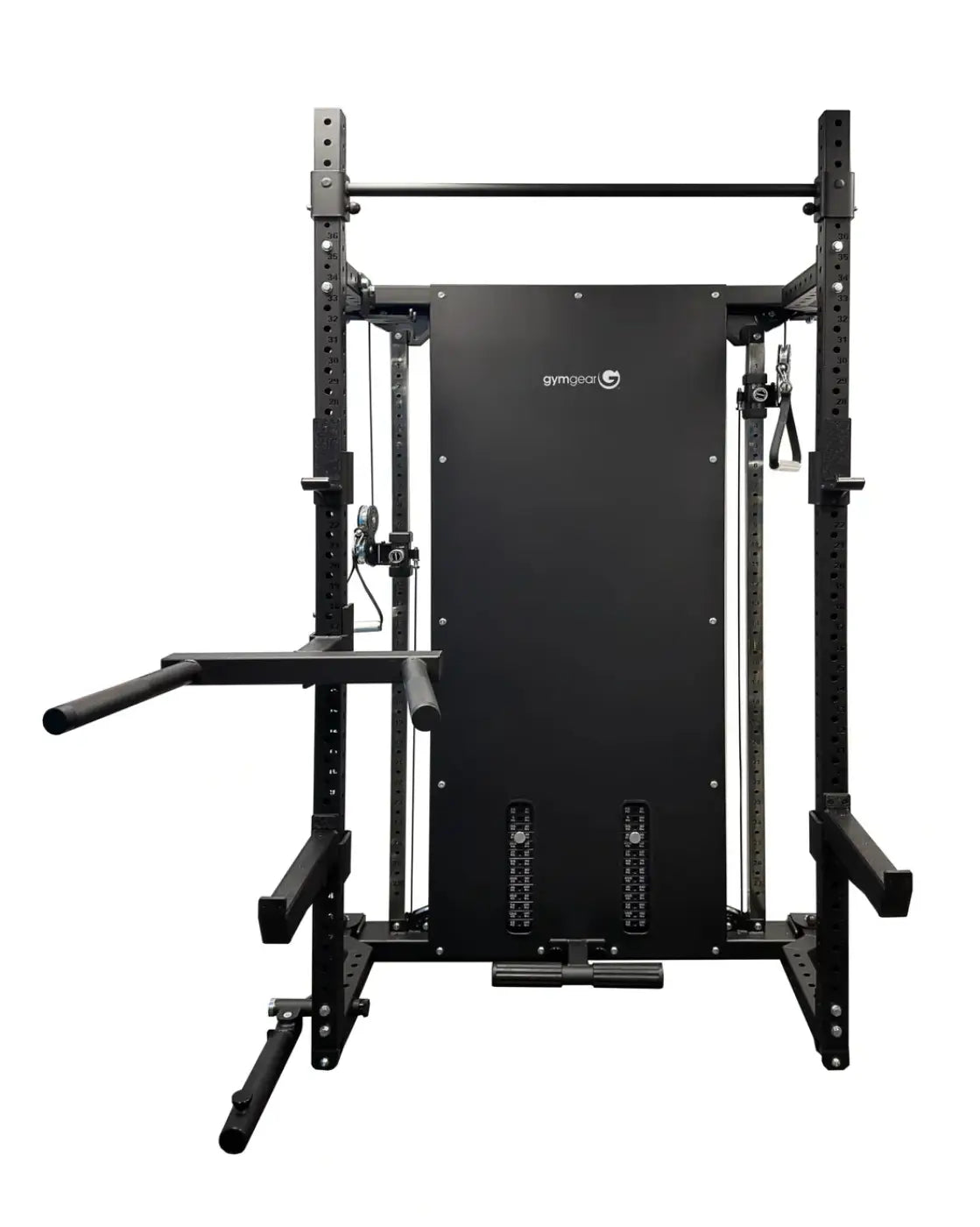 Black gymgoal rhino compact dual adjustable pulley and folding half rack with adjustable height bars and integrated cables