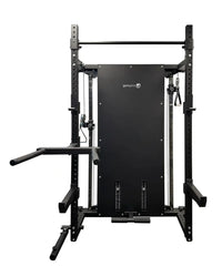 Black gymgoal rhino compact dual adjustable pulley and folding half rack with adjustable height bars and integrated cables