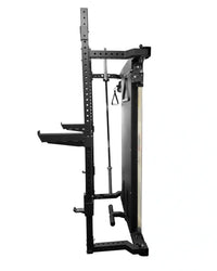 Black metal Rhino Compact power rack with dual adjustable pulley shelves and cable attachments for strength training