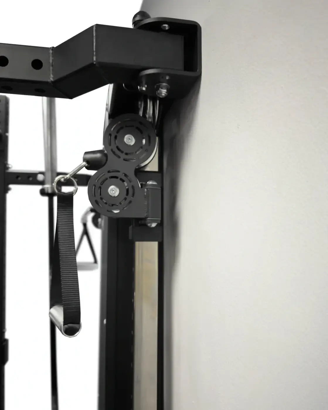 Black metal cable pulley system with dual wheels and weight strap for rhino compact dual adjustable pulley folding half rack