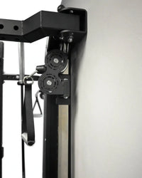 Black metal cable pulley system with dual wheels and weight strap for rhino compact dual adjustable pulley folding half rack