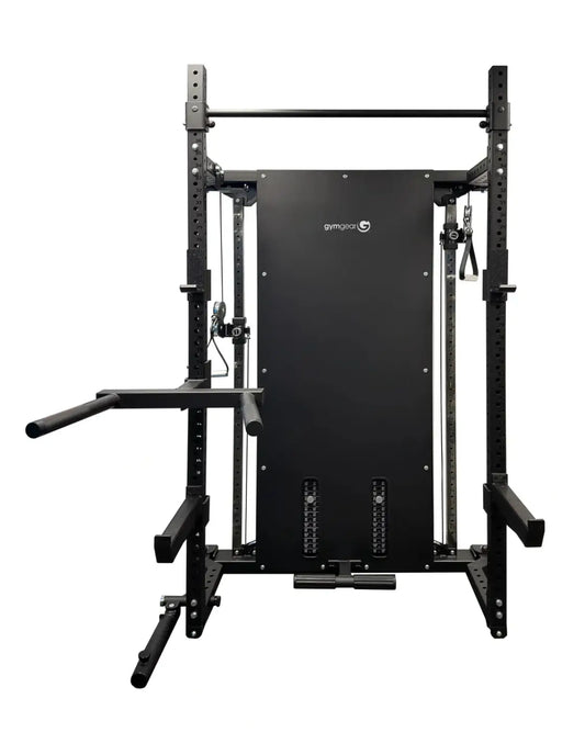 Black gymgoal rhino compact dual adjustable pulley and folding half rack with adjustable height bars and integrated cables