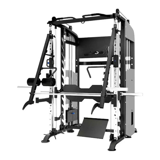 Black and silver rhino series g4 strength machine built for home with adjustable components and barbell rack safety features