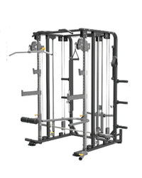 Black metal Rhino Strength power rack with adjustable weight plates and cable attachments for UK delivery