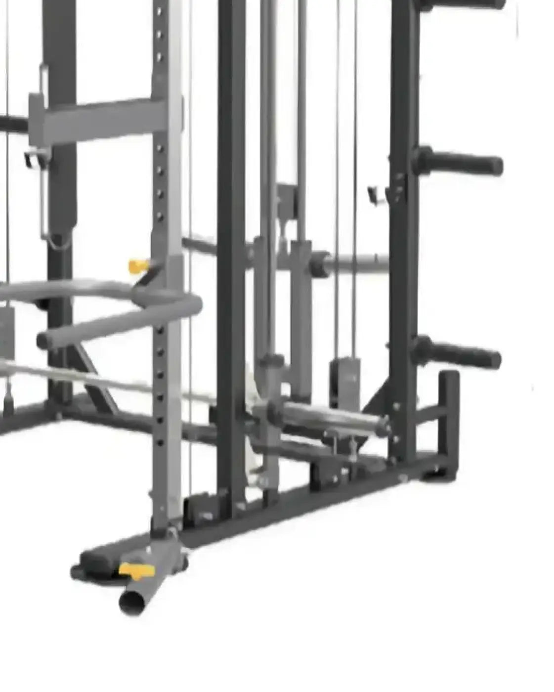 Black metal Rhino Strength power rack with adjustable weight plates and cable attachments for UK delivery
