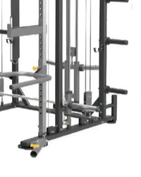 Black metal Rhino Strength power rack with adjustable weight plates and cable attachments for UK delivery