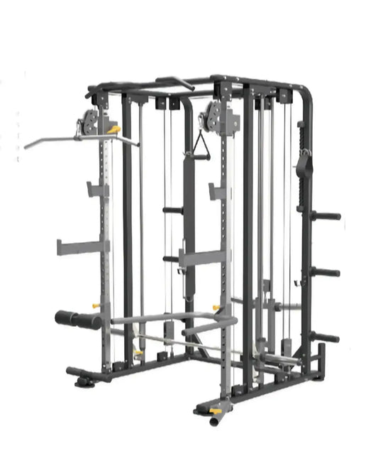 Black metal Rhino Strength power rack with adjustable weight plates and cable attachments for UK delivery