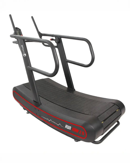 Black and red curved treadmill with handlebars branded gse designed for running featuring uk delivery option