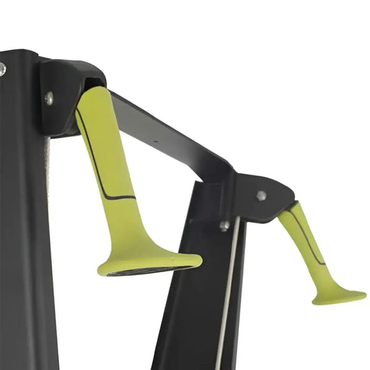 Bright lime green ergonomic handles with black metal framing on the Ski Erg for enhanced grip and durability