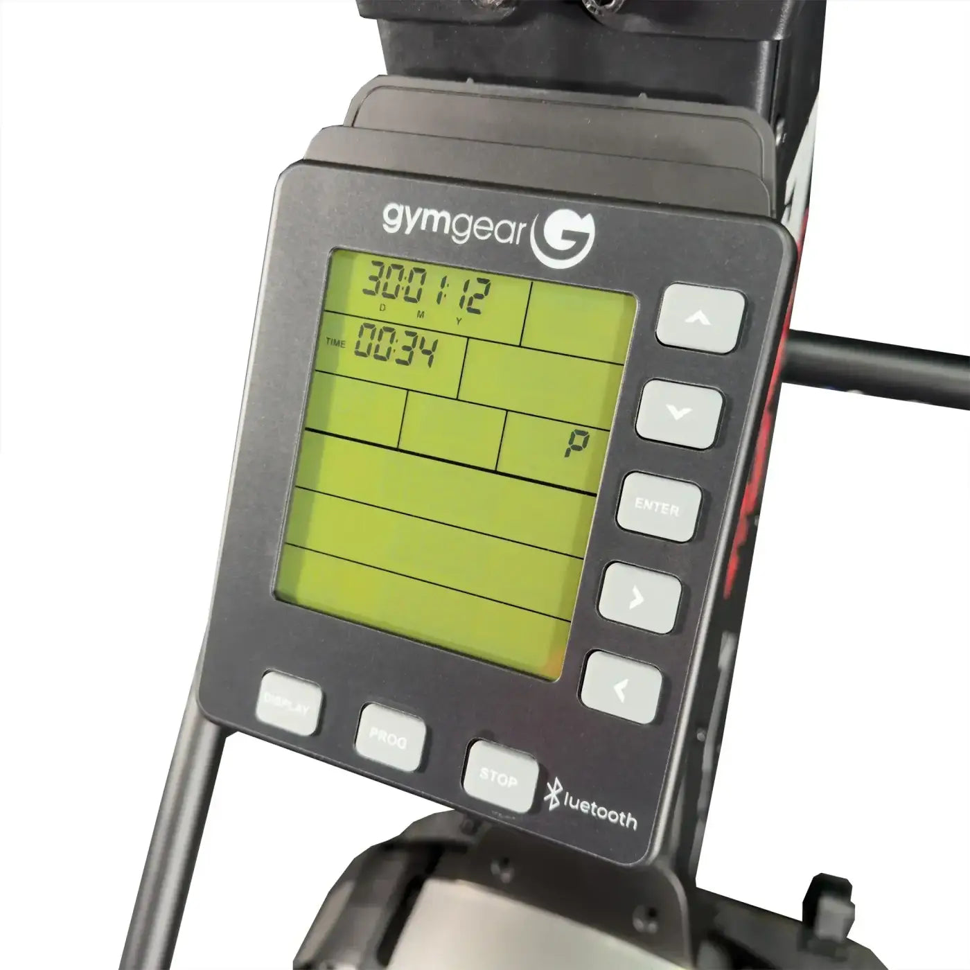 Ski Max 2.0 deka black gymgear rowing machine console with green lcd screen and silver buttons for home workout