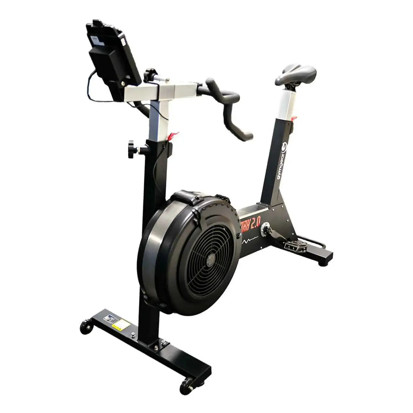 Black air resistance exercise bike with sprint 2.0 branding and mounted tablet holder in ski row bike max 2.0 package deal