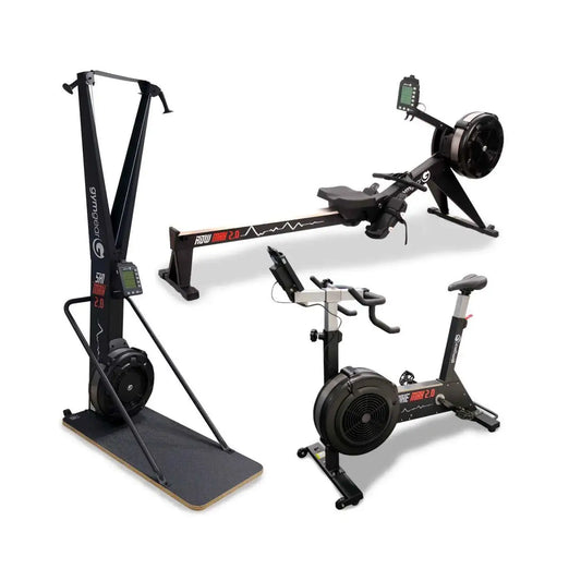 Black rowing machine with digital display and adjustable handlebars in ski row bike max 2.0 package deal for home fitness