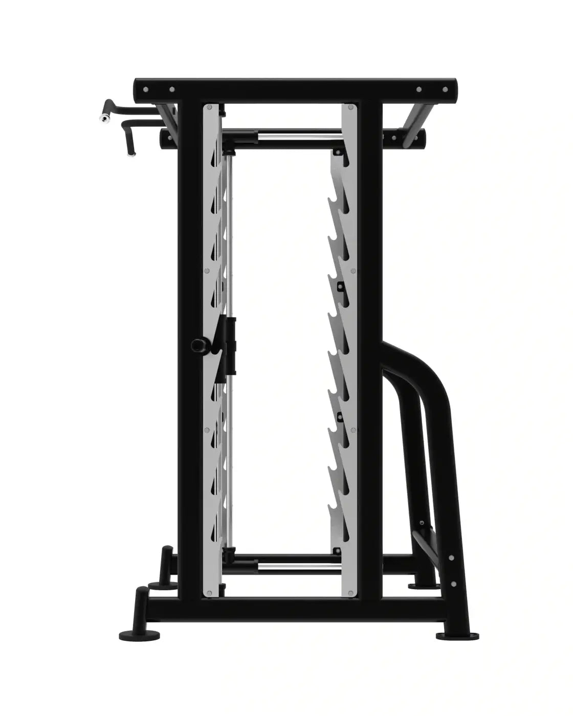 Elite Series 3D smith machine in black and silver with adjustable weight racks designed for home gyms
