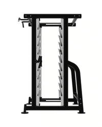 Elite Series 3D smith machine in black and silver with adjustable weight racks designed for home gyms
