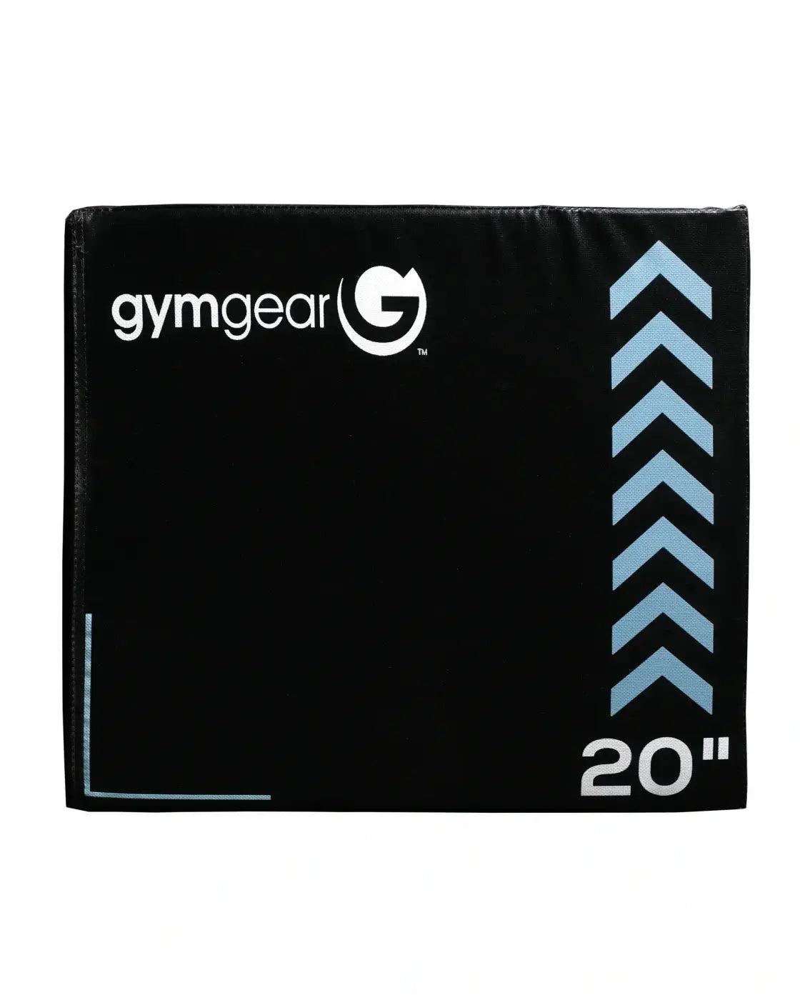 Soft 3 in 1 plyometric box with black 20-inch padded jump pad featuring light blue chevron accents and white branding