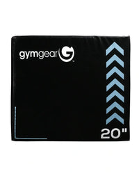 Soft 3 in 1 plyometric box with black 20-inch padded jump pad featuring light blue chevron accents and white branding