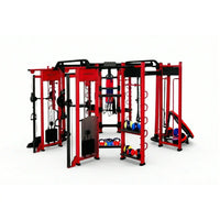 Red and black multi-functional home gym equipment with weightlifting stations and kettlebells spartan rig uk delivery