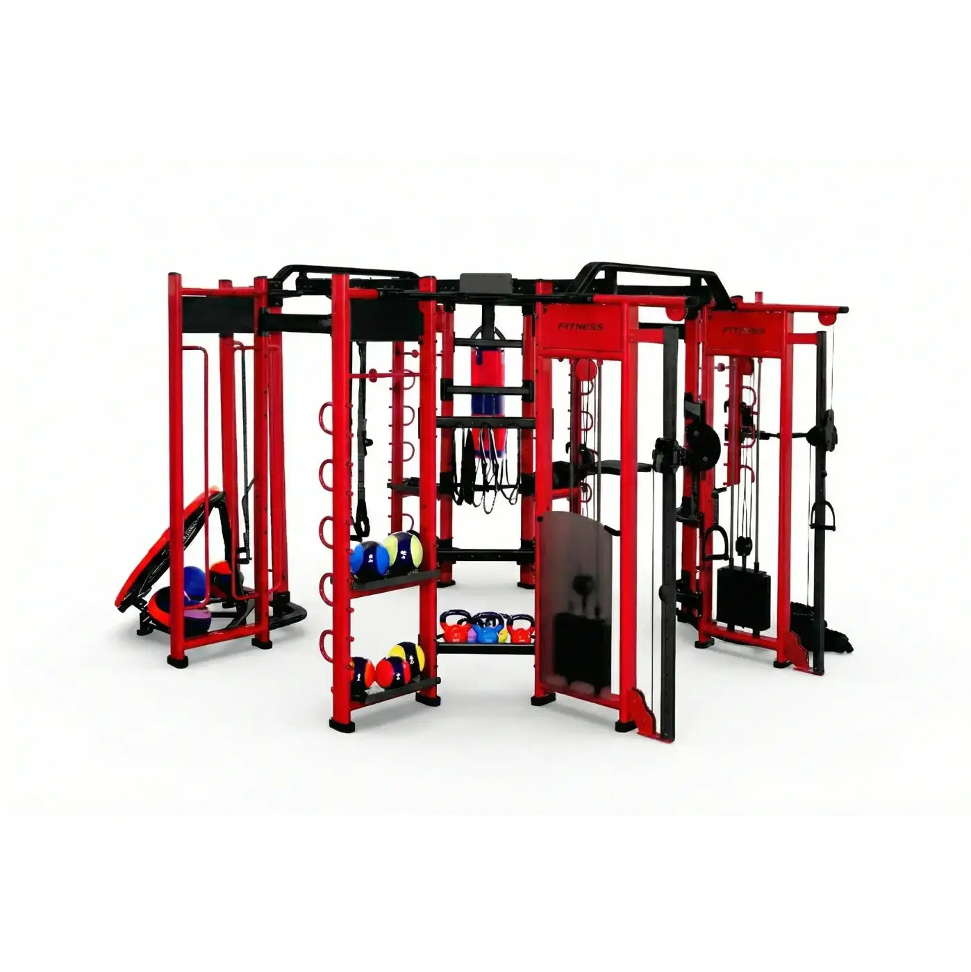 Spartan rig uk delivery red and black multi-functional home gym with weightlifting stations kettlebells and medicine balls
