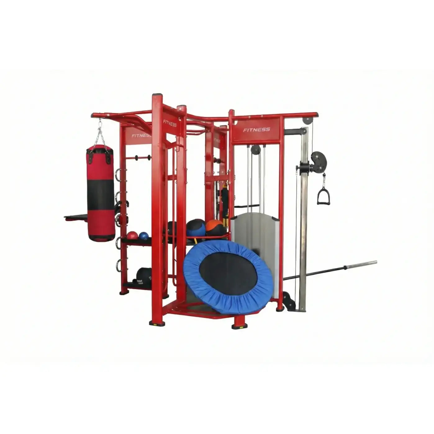Red multi-functional home gym station with punching bag trampoline and weight equipment for Spartan Studio Rig home fitness