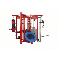 Red multi-functional home gym station with punching bag trampoline and weight equipment for Spartan Studio Rig home fitness