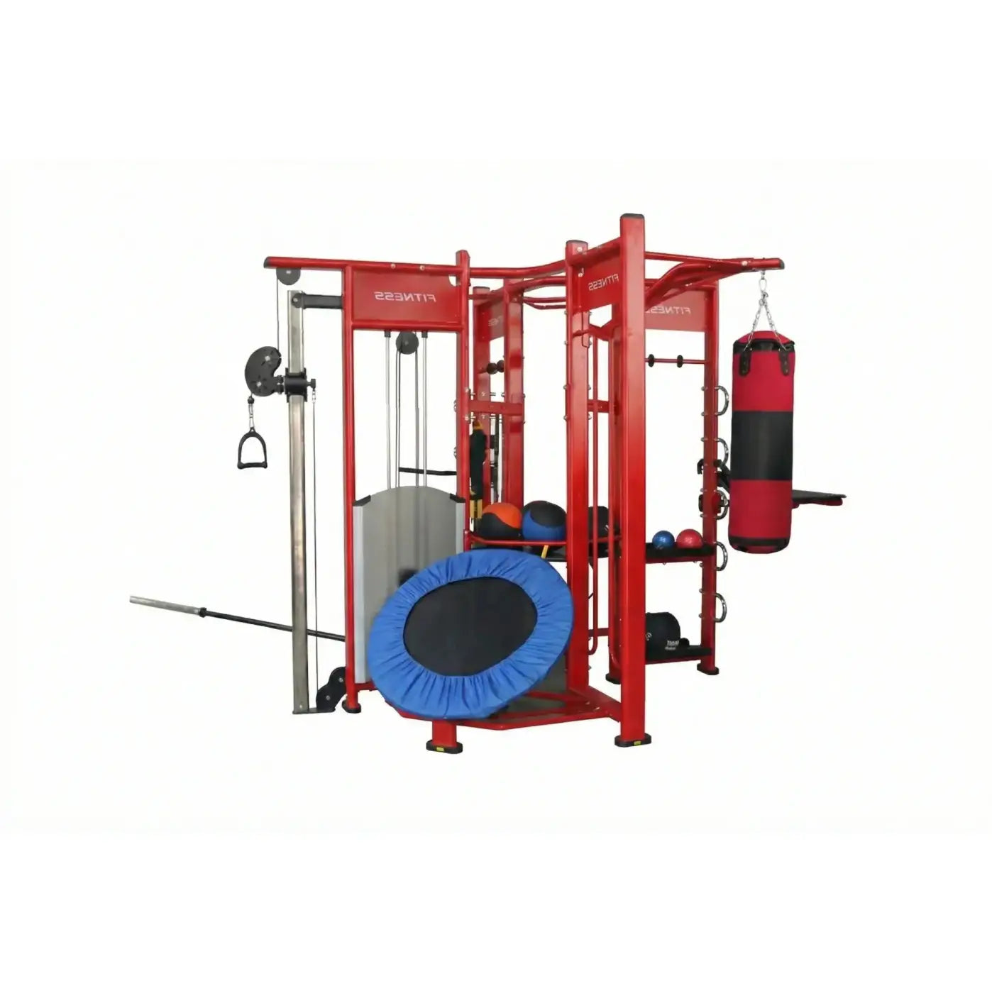 Spartan studio rig red multi-functional fitness station with blue black trampoline weight plates resistance bands and punching bag