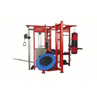 Spartan studio rig red multi-functional fitness station with blue black trampoline weight plates resistance bands and punching bag