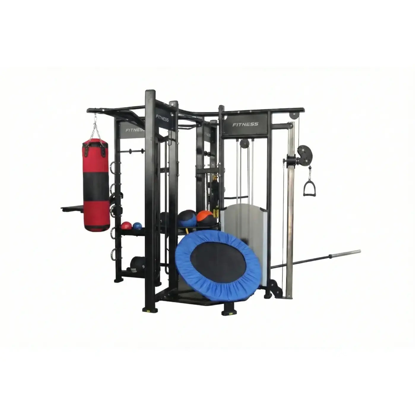 Spartan Studio Rig home workout station with black metal frame, red and black punching bag, blue trampoline pad, and fitness equipment