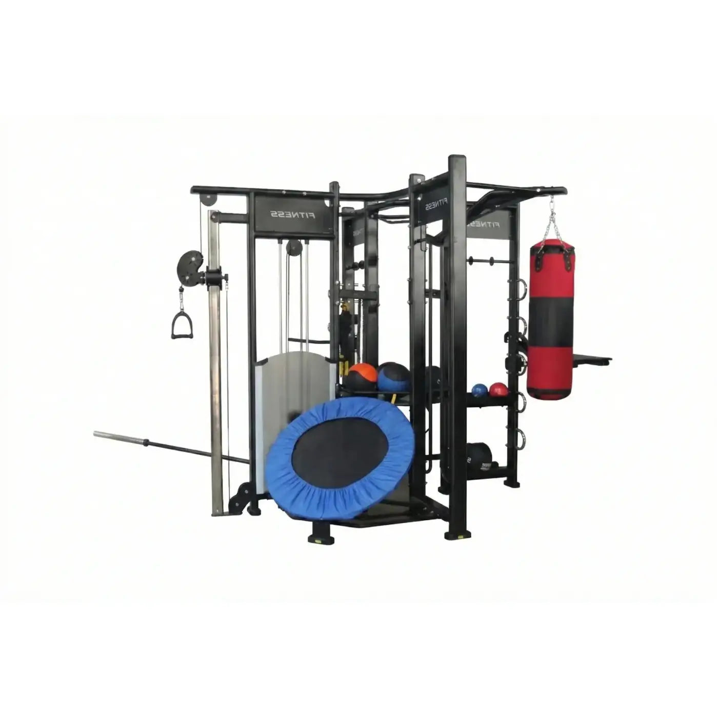 Black metal spartan studio rig home workout station with red and black punching bag and blue trampoline pad