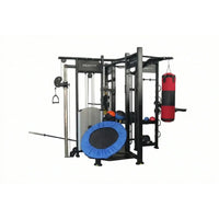 Black metal spartan studio rig home workout station with red and black punching bag and blue trampoline pad