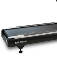 Black sprint commercial treadmill with 4.0 hp motor, zwift compatible, textured running belt, and silver accent trim