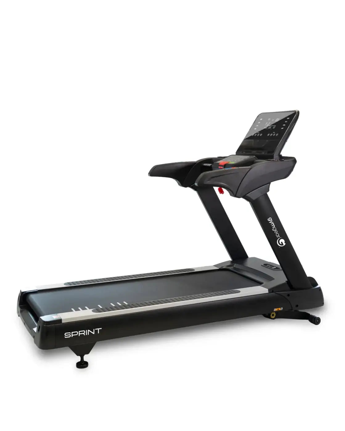 Black sprint commercial treadmill with 4.0 hp motor and digital display panel compatible with Zwift training software