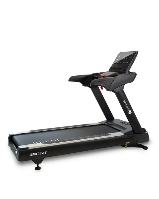 Black sprint commercial treadmill with 4.0 hp motor and digital display panel compatible with Zwift training software