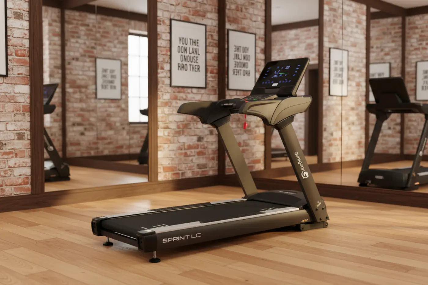 Black and gray Sprint LC light commercial treadmill with 3.5 HP motor and digital display screen, Zwift compatible