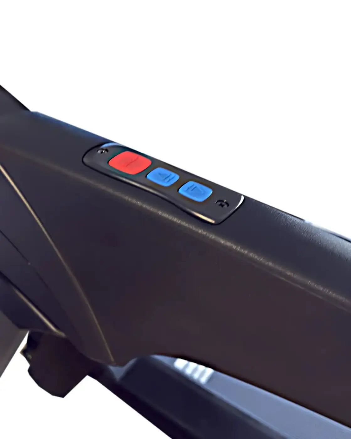 Black treadmill console with red and blue control buttons.